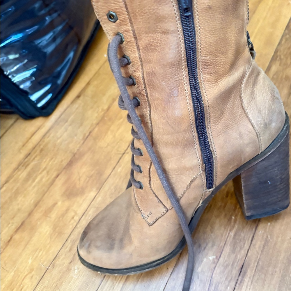 Tan Lace-Up Heeled Boots